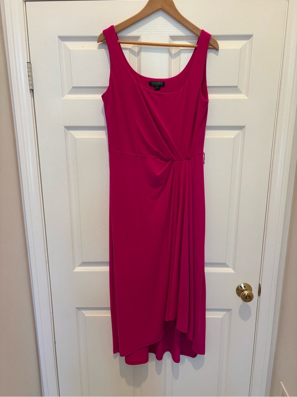 Lauren Ralph Lauren Magenta Ruched Faux Wrap Sleeveless Midi Dress 14